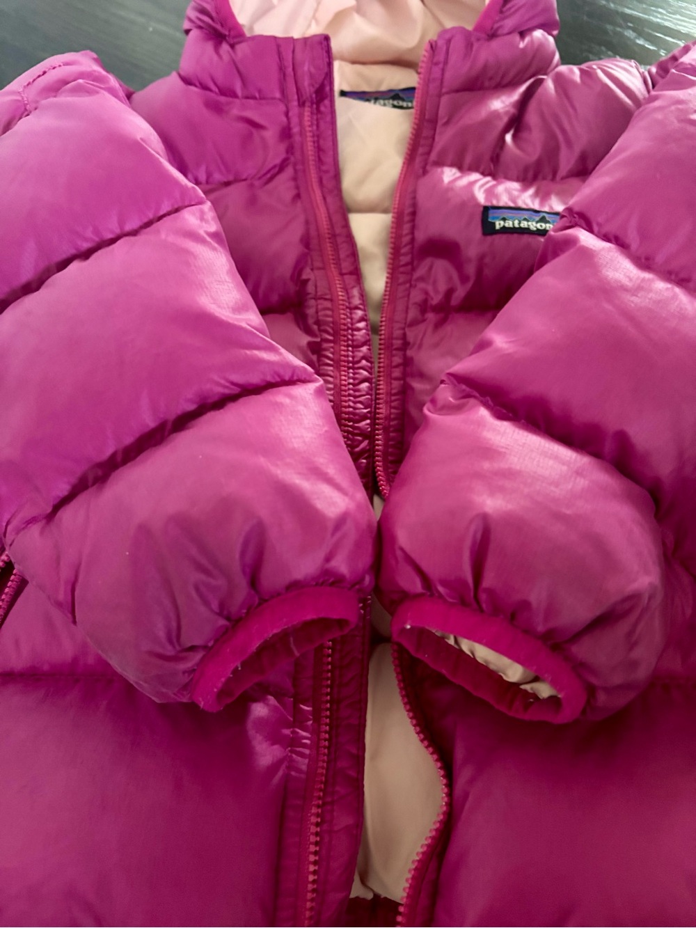 Patagonia Kids Bright Pink Hooded Puffer Jacket with Light Pink Lining - Picture 3 of 4
